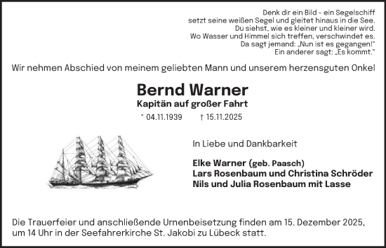 Traueranzeige von Bernd Warner von Hamburger Abendblatt