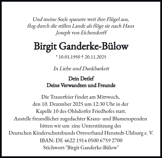 Traueranzeige von Birgit Ganderke-Bülow von Hamburger Abendblatt