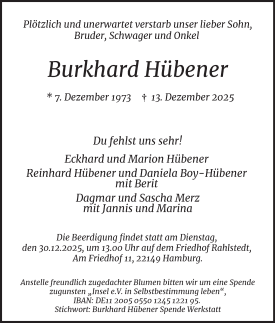 Traueranzeige von Burkhard Hübener von Hamburger Abendblatt