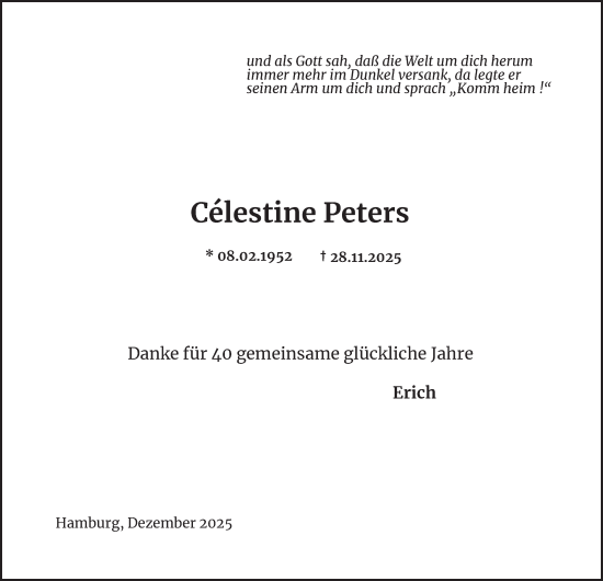 Traueranzeige von Celestine Peters von Hamburger Abendblatt