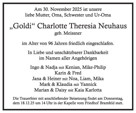 Traueranzeige von Charlotte Theresia Neuhaus 