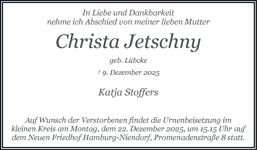  Traueranzeige für Christa Jetschny vom 20.12.2025 aus 