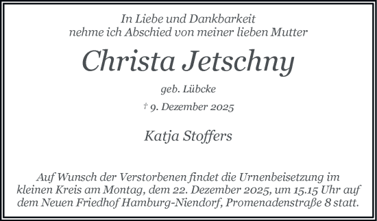 Traueranzeige von Christa Jetschny 