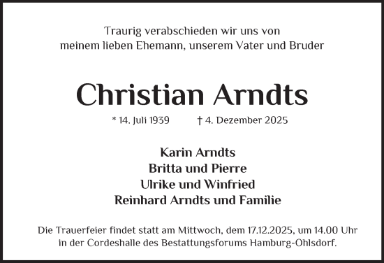 Traueranzeige von Christian Arndts von Hamburger Abendblatt