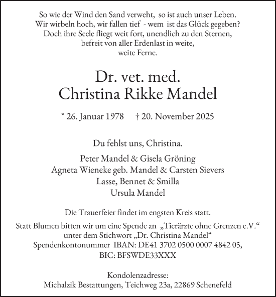 Traueranzeige von Christina Rikke Mandel von Hamburger Abendblatt