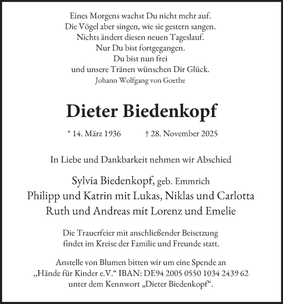 Traueranzeige von Dieter Biedenkopf von Hamburger Abendblatt