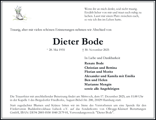 Traueranzeige von Dieter Bode von Hamburger Abendblatt, Bergedorfer Zeitung