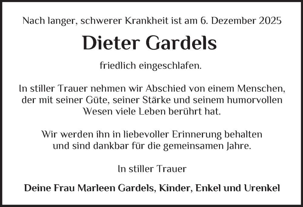  Traueranzeige für Dieter Gardels vom 20.12.2025 aus 