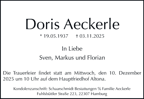 Traueranzeige von Doris Aeckerle von Hamburger Abendblatt