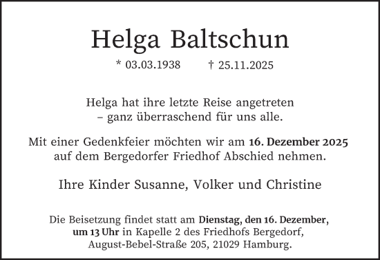 Traueranzeige von Helga Baltschun von Hamburger Abendblatt