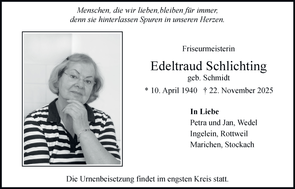  Traueranzeige für Edeltraud Schlichting vom 06.12.2025 aus 