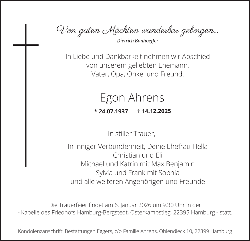  Traueranzeige für Egon Ahrens vom 27.12.2025 aus Hamburger Abendblatt