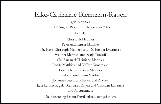 Traueranzeige von Elke-Catharine Biermann-Ratjen von Hamburger Abendblatt