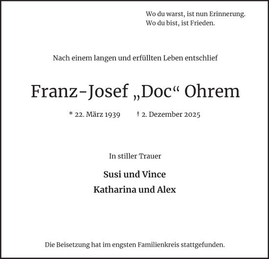 Traueranzeige von Franz-Josef Ohrem von Hamburger Abendblatt