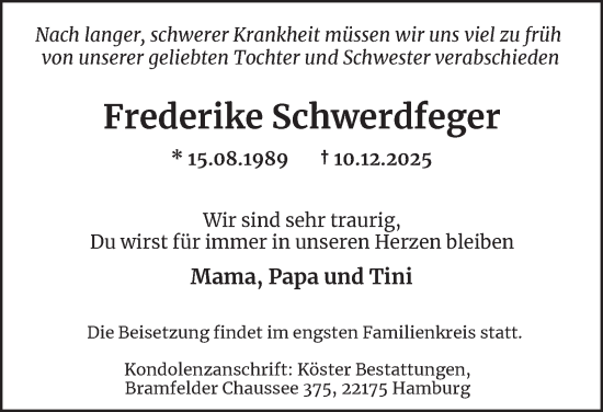 Traueranzeige von Frederike Schwerdfeger von Hamburger Abendblatt