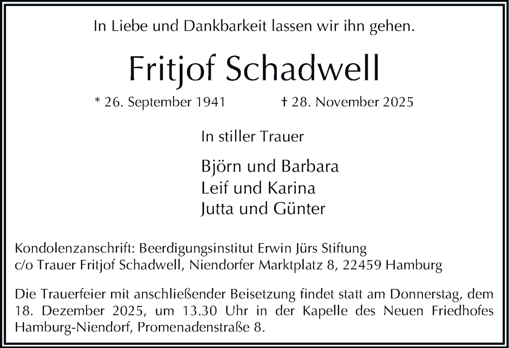  Traueranzeige für Fritjof Schadwell vom 06.12.2025 aus 