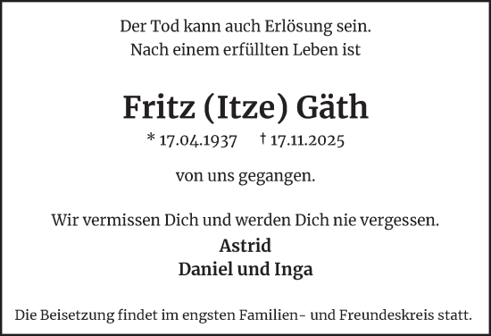 Traueranzeige von Fritz Gäth von Hamburger Abendblatt