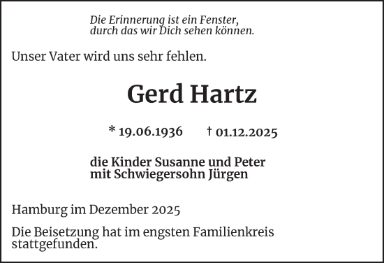 Traueranzeige von Gerd Hartz 