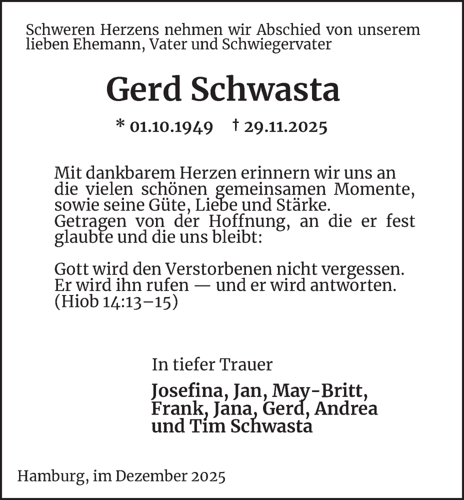  Traueranzeige für Gerd Schwasta vom 10.12.2025 aus Hamburger Abendblatt