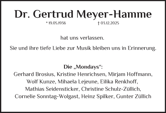 Traueranzeige von Gertrud Meyer-Hamme von Hamburger Abendblatt