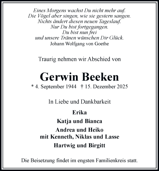 Traueranzeige von Gerwin Beeken von Bergedorfer Zeitung