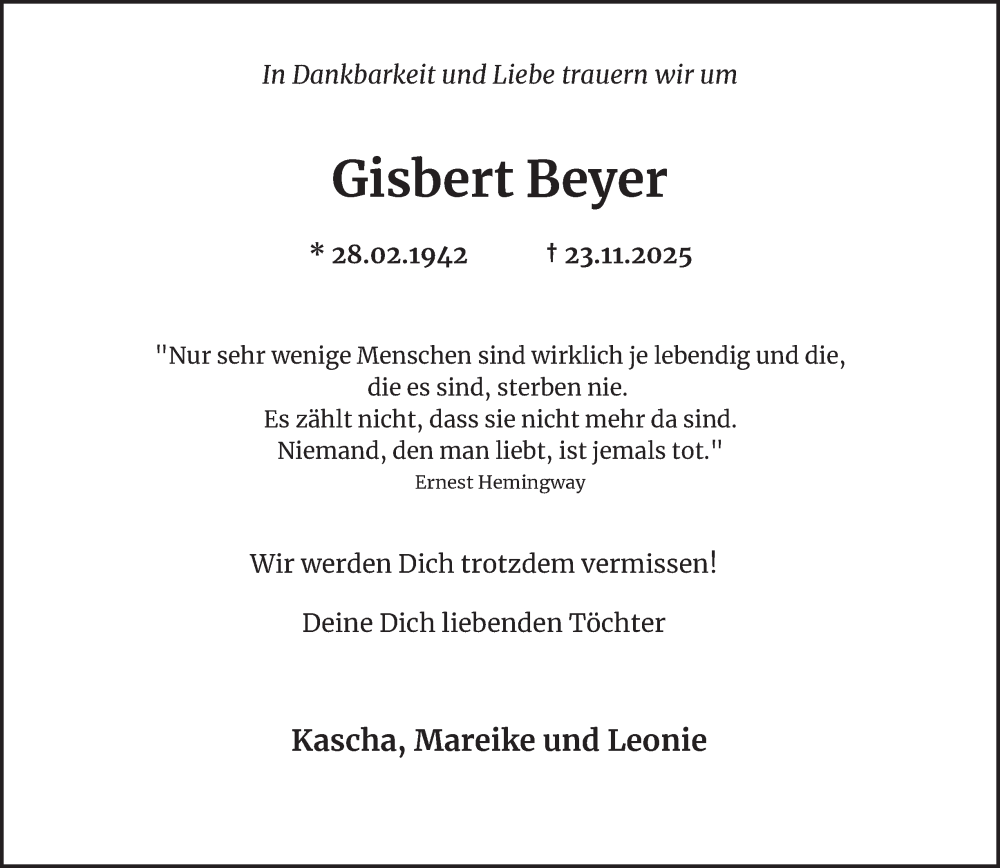  Traueranzeige für Gisbert Beyer vom 06.12.2025 aus Hamburger Abendblatt
