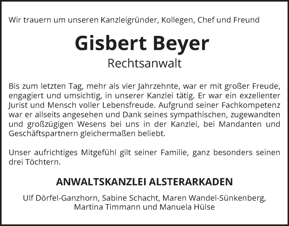  Traueranzeige für Gisbert Beyer vom 06.12.2025 aus Hamburger Abendblatt
