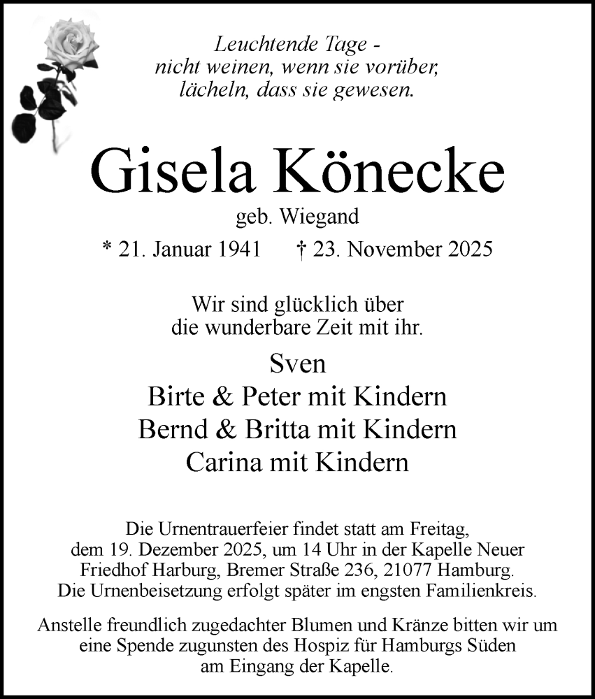  Traueranzeige für Gisela Könecke vom 06.12.2025 aus 