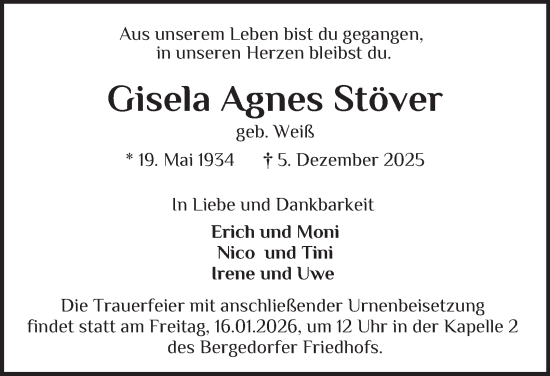 Traueranzeige von Gisela Agnes Stöver von Bergedorfer Zeitung