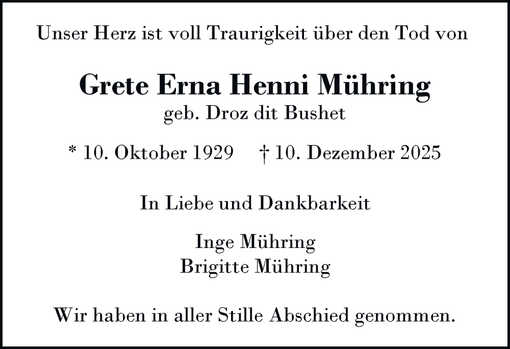  Traueranzeige für Grete Erna Henni Mühring vom 27.12.2025 aus Hamburger Abendblatt