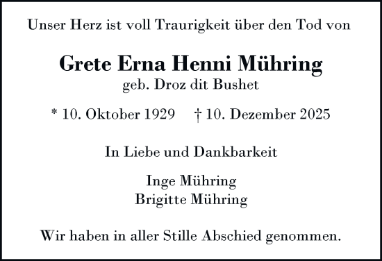 Traueranzeige von Grete Erna Henni Mühring von Hamburger Abendblatt
