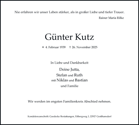 Traueranzeige von Günter Kutz von Hamburger Abendblatt