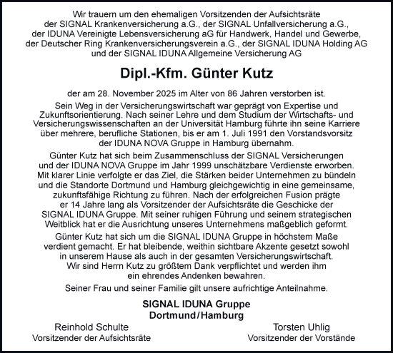 Traueranzeige von Günter Kutz von Hamburger Abendblatt