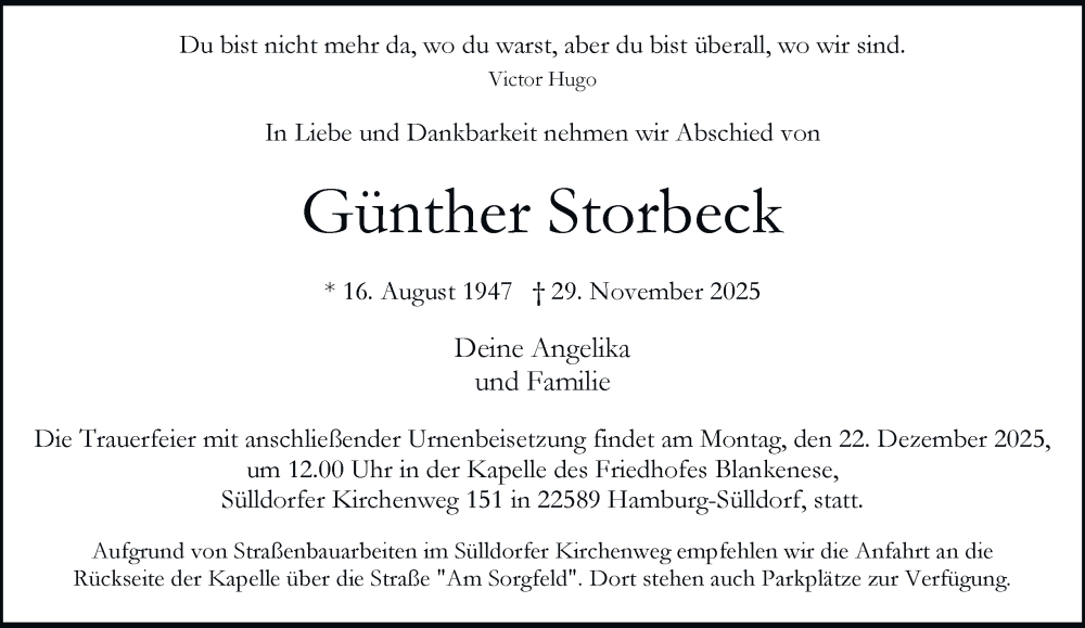  Traueranzeige für Günther Storbeck vom 13.12.2025 aus Hamburger Abendblatt