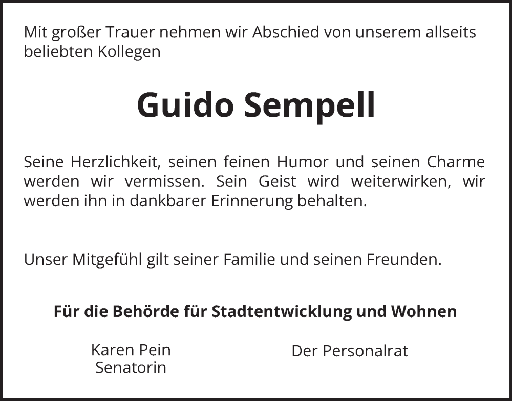  Traueranzeige für Guido Sempell vom 20.12.2025 aus Hamburger Abendblatt