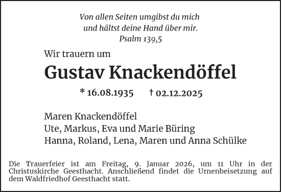 Traueranzeige von Gustav Knackendöffel von Bergedorfer Zeitung