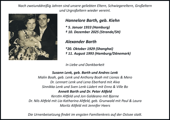 Traueranzeige von Hannelore Barth von Hamburger Abendblatt