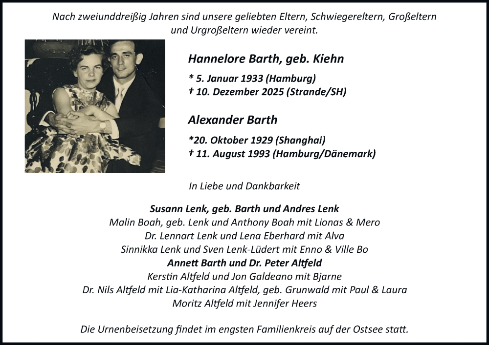  Traueranzeige für Hannelore Barth vom 20.12.2025 aus Hamburger Abendblatt