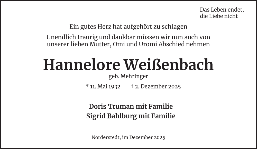  Traueranzeige für Hannelore Weißenbach vom 13.12.2025 aus Hamburger Abendblatt