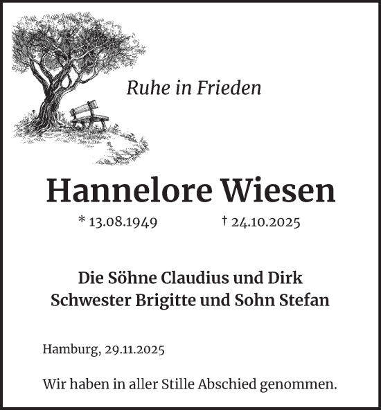 Traueranzeige von Hannelore Wiesen von Hamburger Abendblatt