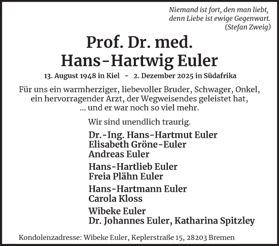 Traueranzeige von Hans-Hartwig Euler von Hamburger Abendblatt