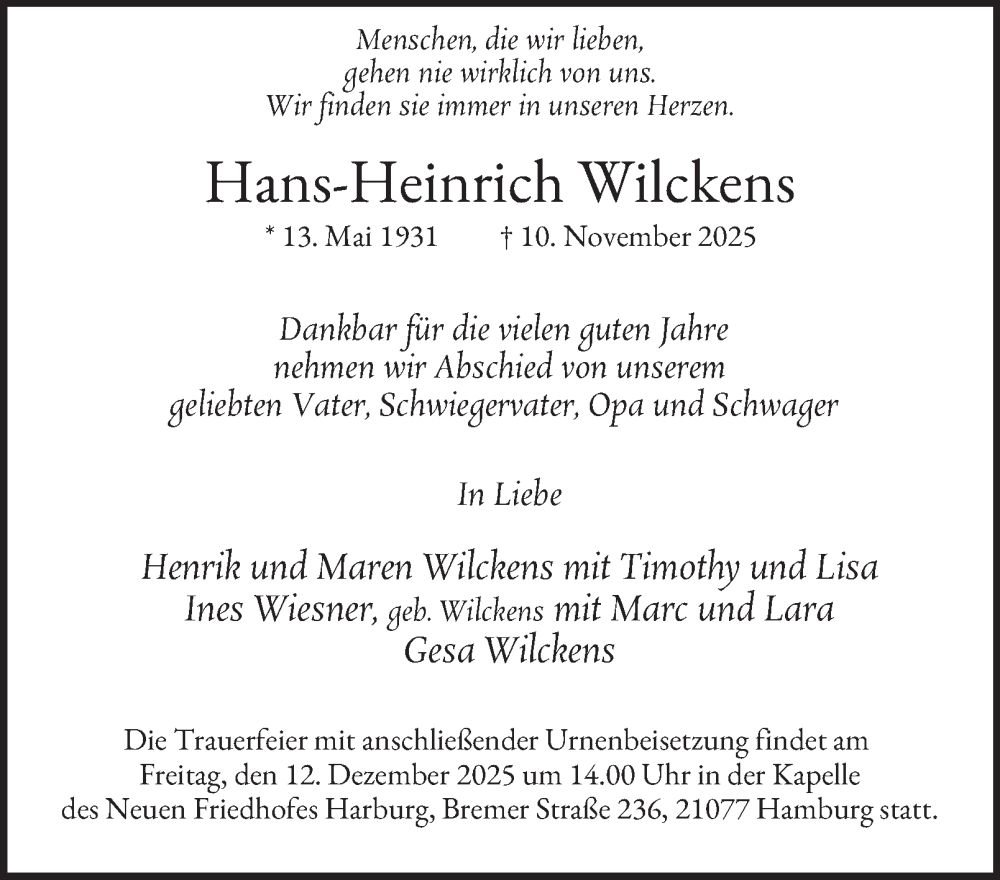  Traueranzeige für Hans-Heinrich Wilckens vom 06.12.2025 aus 