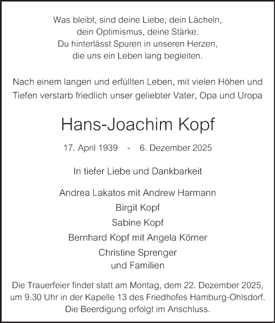 Traueranzeige von Hans-Joachim Kopf von Hamburger Abendblatt