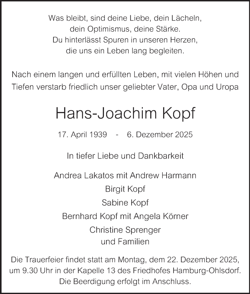  Traueranzeige für Hans-Joachim Kopf vom 20.12.2025 aus Hamburger Abendblatt