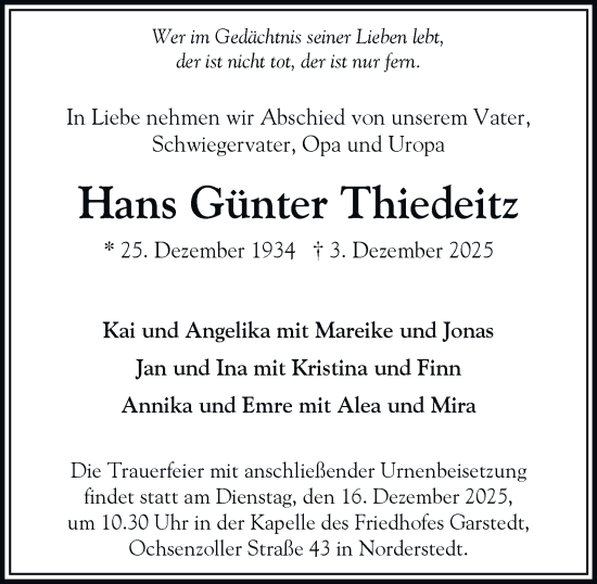 Traueranzeige von Hans Günter Thiedeitz von HA Regio Norderstedt