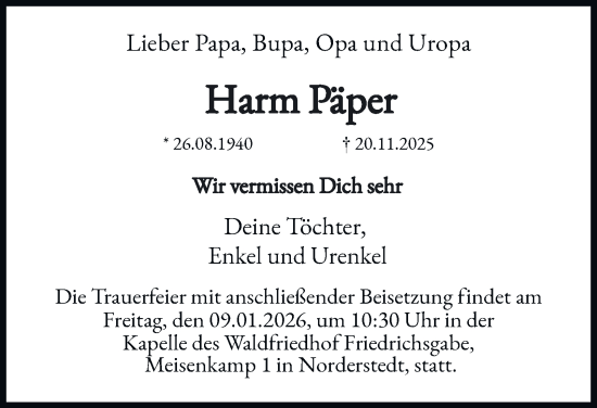 Traueranzeige von Harm Päper von Hamburger Abendblatt