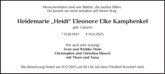 Traueranzeige von Heidemarie Eleonore Elke Kamphenkel von Bergedorfer Zeitung