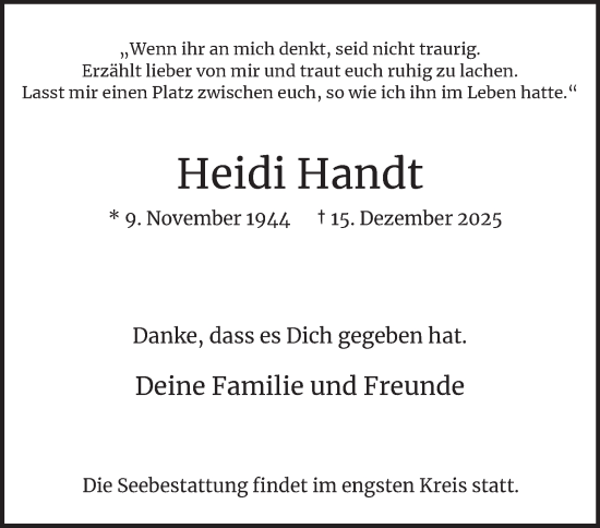 Traueranzeige von Heidi Handt von Hamburger Abendblatt