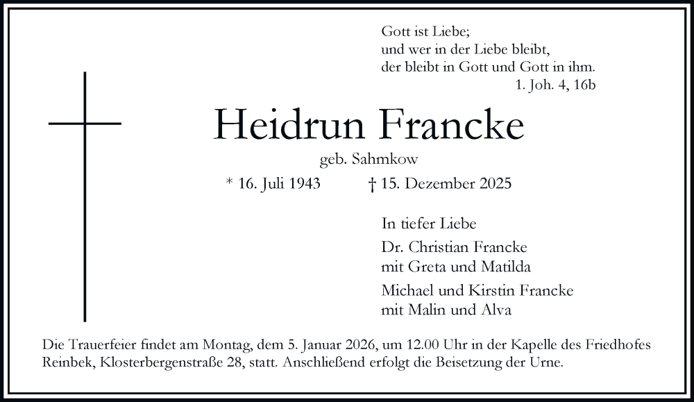  Traueranzeige für Heidrun Francke vom 27.12.2025 aus Bergedorfer Zeitung