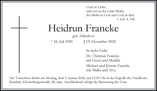 Traueranzeige von Heidrun Francke von Bergedorfer Zeitung